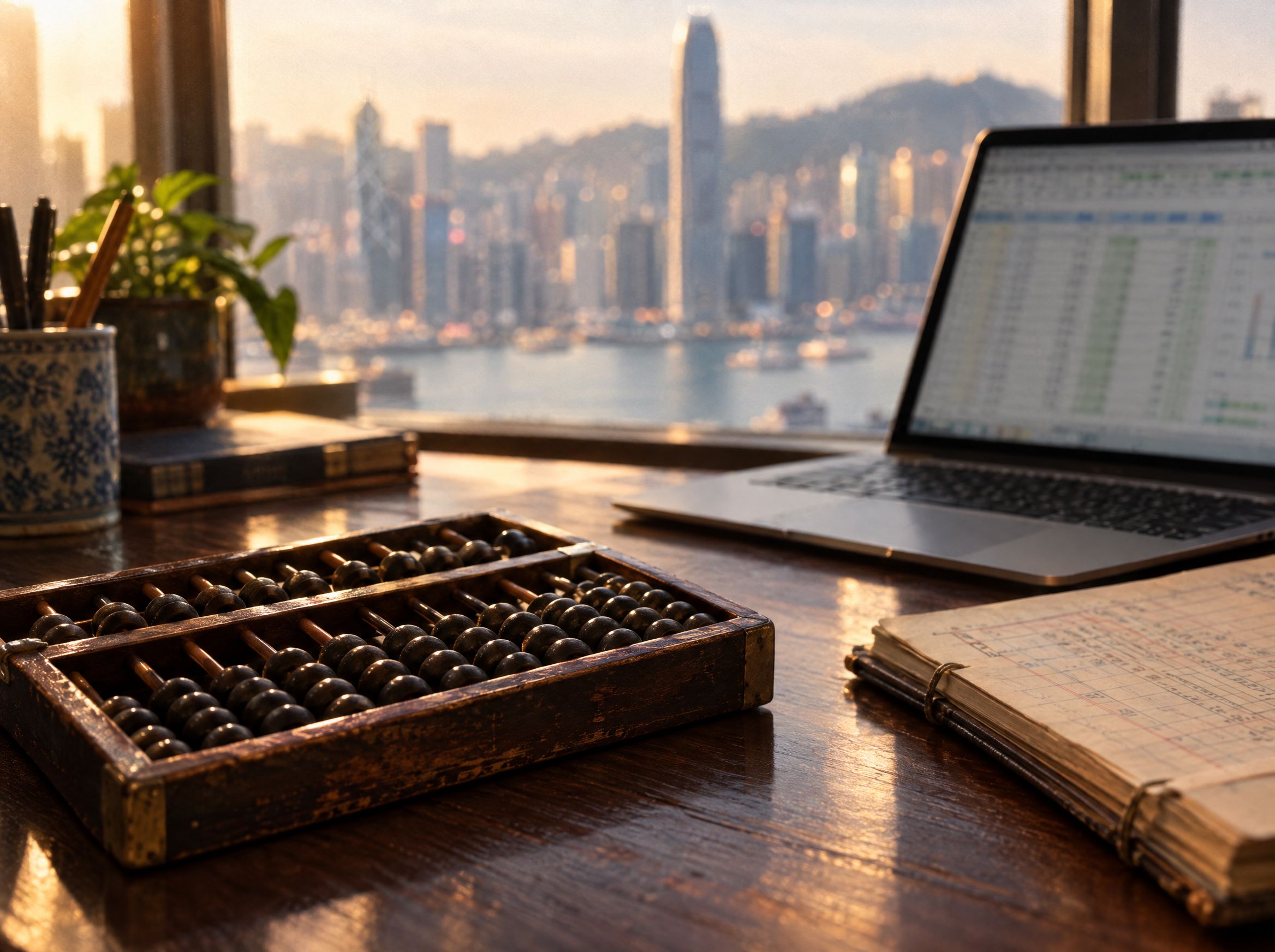 A traditional abacus beside a laptop and a bound ledger