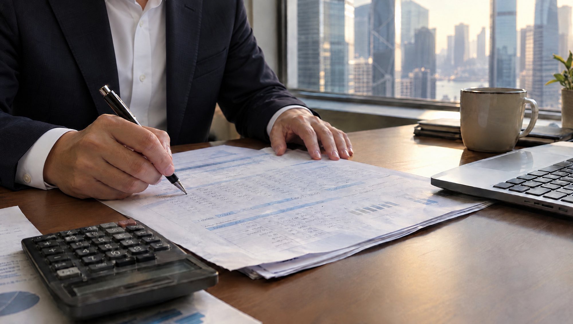 An adviser in a business suit reviewing a cash flow forecast at a desk overlooking office towers in Central