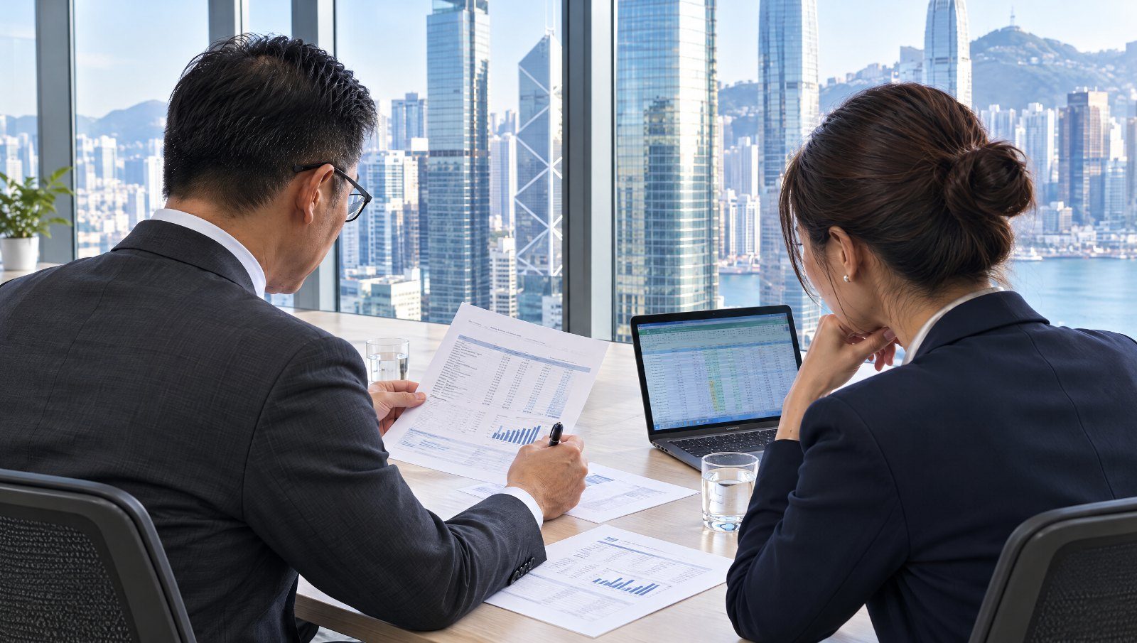 會計師與企業東主在可俯瞰中環的會議室審閱管理帳目