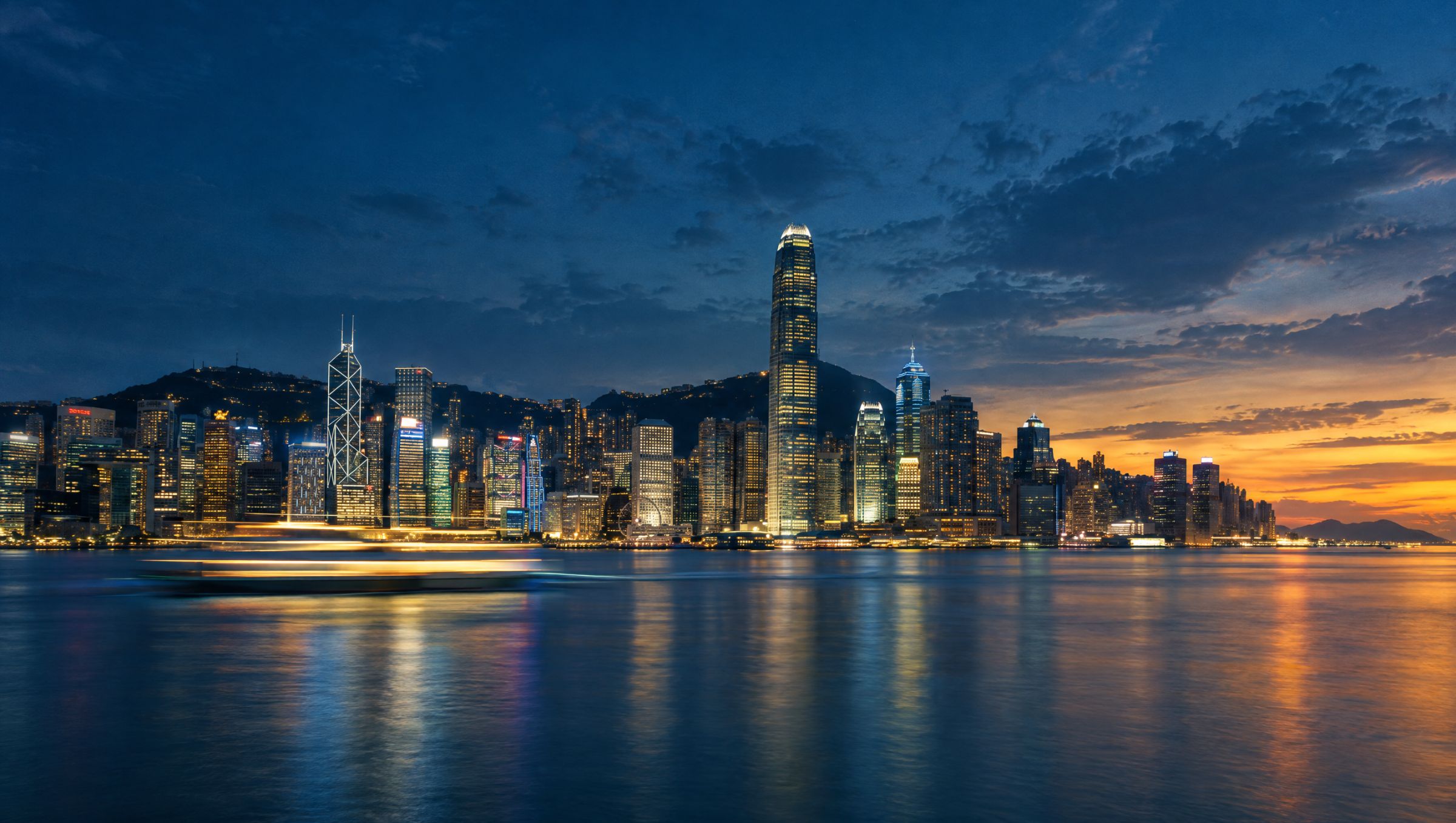 Hong Kong Island skyline across Victoria Harbour at dusk