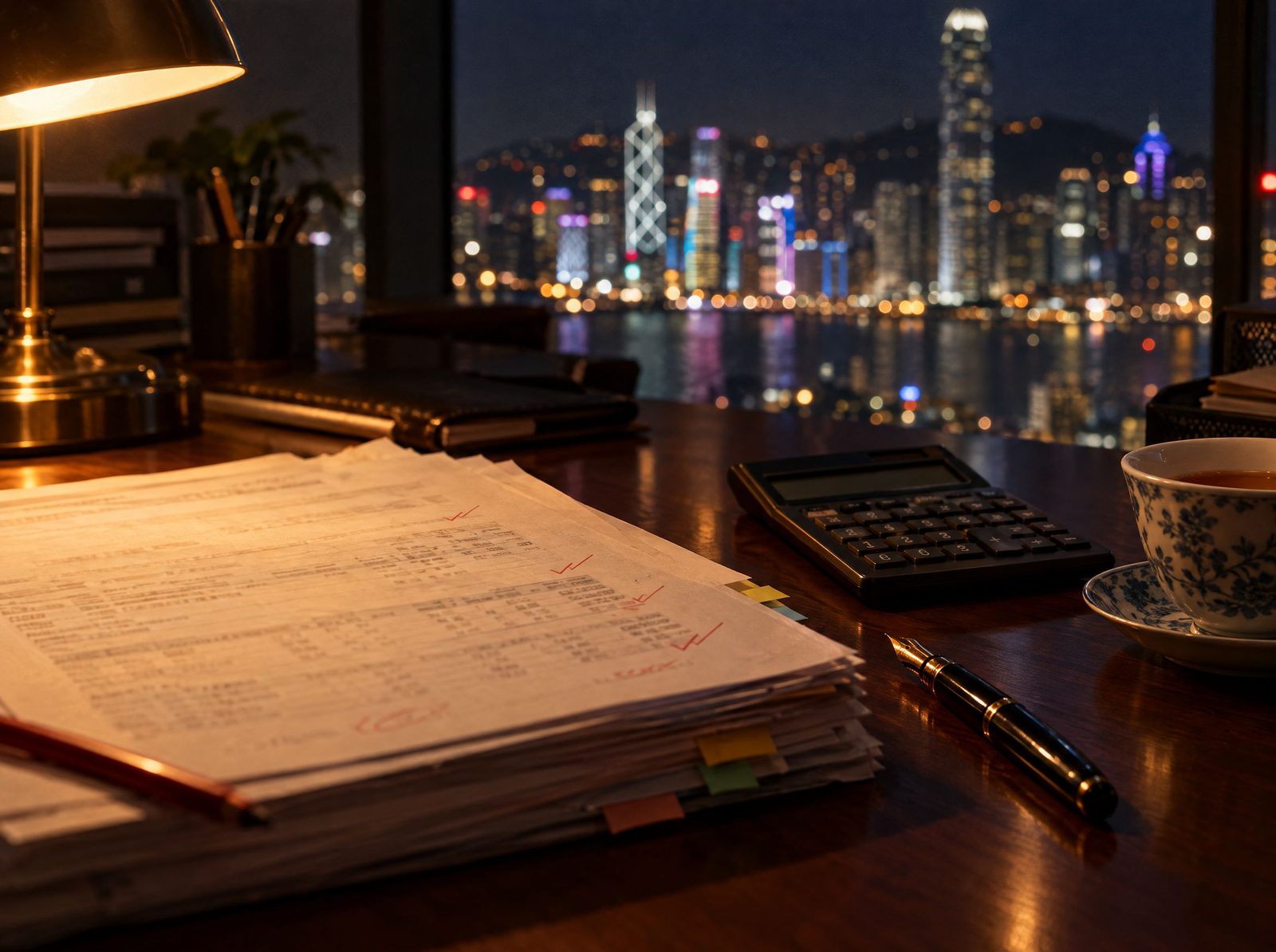夜間書桌上的審計工作底稿、紅筆剔號、鋼筆及計算機