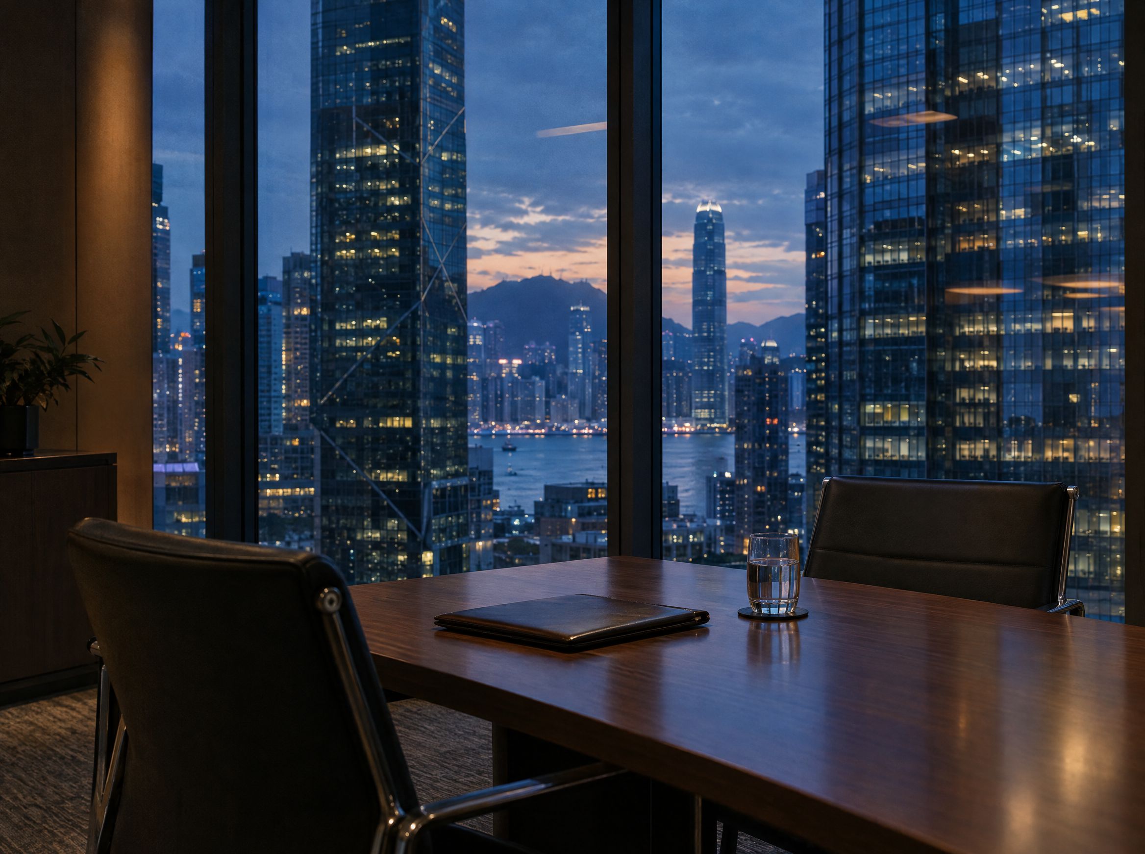 An empty meeting room overlooking Central at dusk